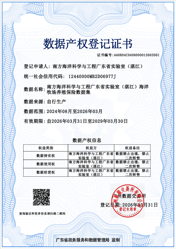 喜报！湛江湾实验室“海洋牧场养殖保险数据集”  获数据产权登记证书